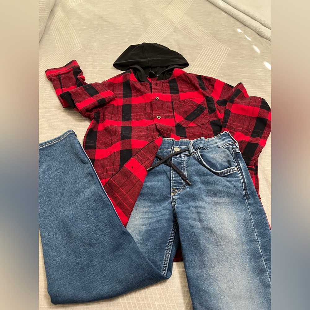 Plaid button up with hoodie and jeans outfit set